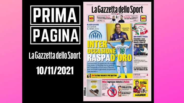 La prima pagina de 'La Gazzetta dello Sport', in edicola oggi, 10 novembre 2021