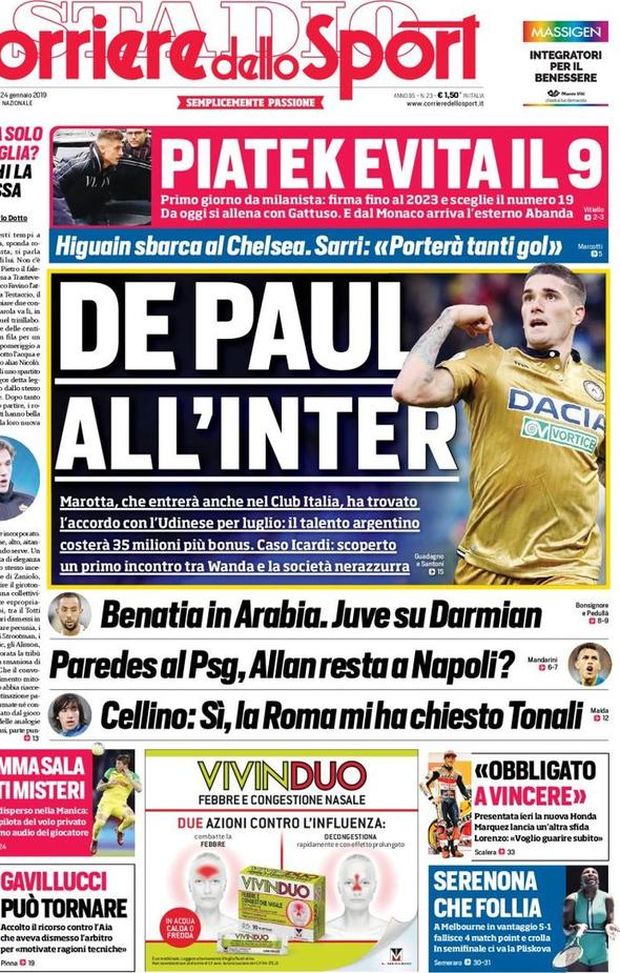 Prima Pagina, Corriere dello Sport: “De Paul all’Inter. Piatek evita il 9. Dramma Sala, tanti misteri. Paredes al PSG…” Prima Pagina, Corriere dello Sport: “De Paul all’Inter. Piatek evita il 9. Dramma Sala, tanti misteri. Paredes al PSG…”