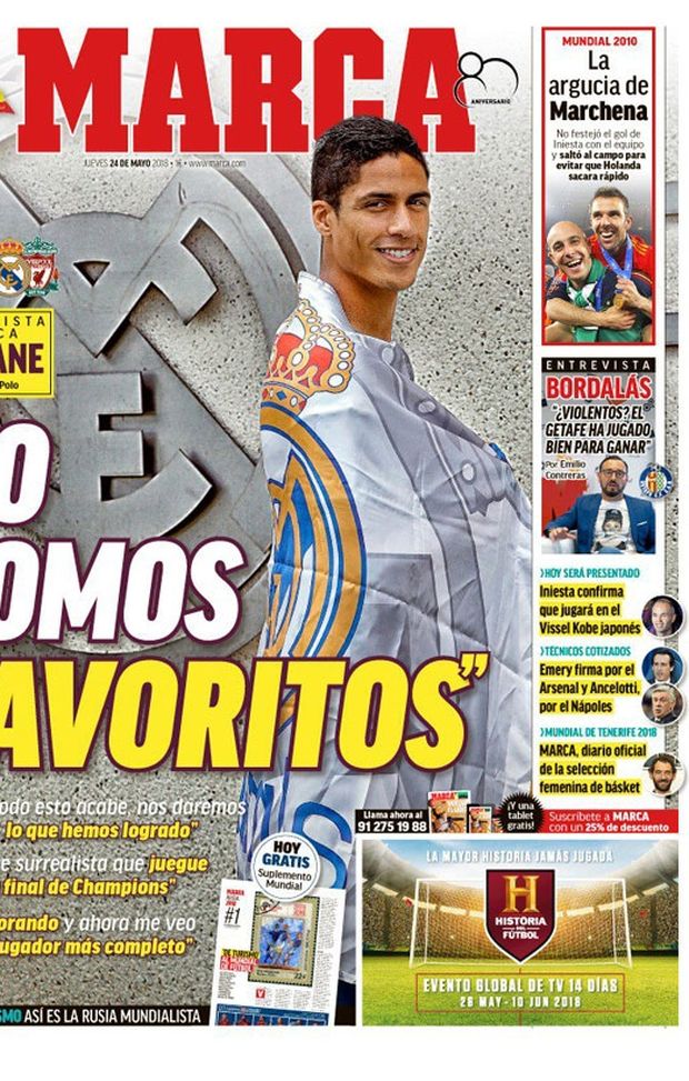 Prima Pagina, Marca: “Varane: ‘Siamo i favoriti’. Mondiali 2010: l’arguzia di Marchena. Emery all’Arsenal, Ancelotti al Napoli…” Prima Pagina, Marca: “Varane: ‘Siamo i favoriti’. Mondiali 2010: l’arguzia di Marchena. Emery all’Arsenal, Ancelotti al Napoli…”