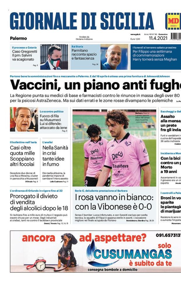 Prima Pagina, Giornale di Sicilia: “Vaccini, un piano anti fughe. I rosa vanno in bianco, deludente prestazione al Barbera” 