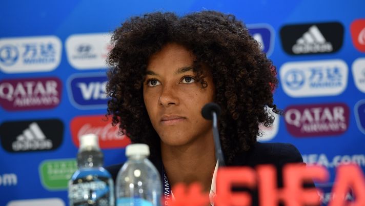 MONTPELLIER, FRANCE - JUNE 24: Team captain Sara Gama of Italy Women attends a press conference at Stade de la Mosson on June 24, 2019 in Montpellier, France. (Photo by Tullio M. Puglia/Getty Images) MONTPELLIER, FRANCE - JUNE 24: Team captain Sara Gama of Italy Women attends a press conference at Stade de la Mosson on June 24, 2019 in Montpellier, France. (Photo by Tullio M. Puglia/Getty Images)