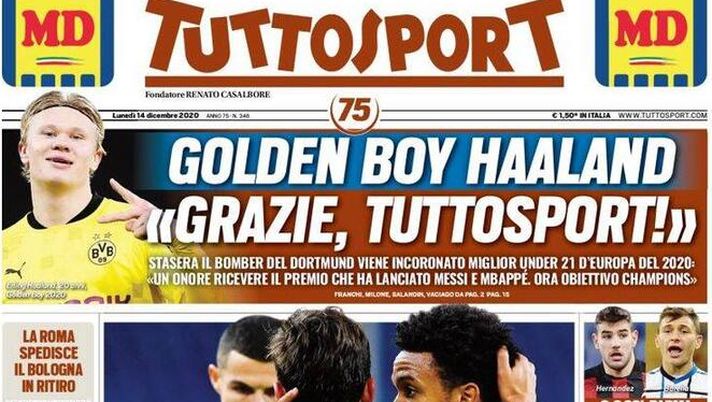 Tuttosport, la prima pagina di oggi, lunedì 14 dicembre 2020 
