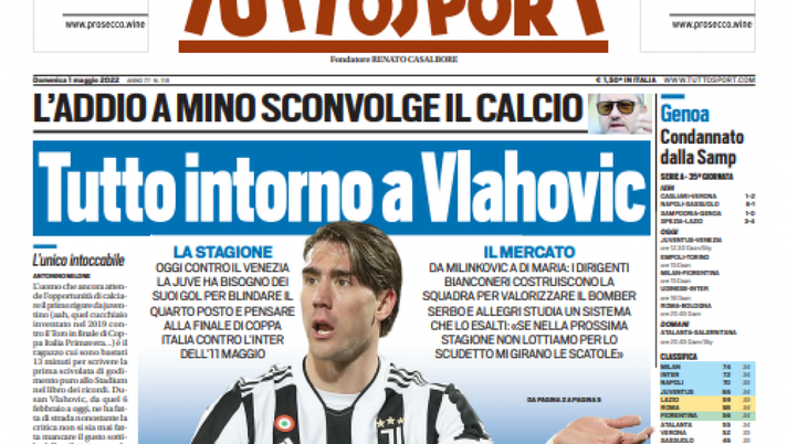 Prima Pagina, Tuttosport: “Tutto intorno a Vlahovic. L’addio a Mino sconvolge il calcio” - immagine 1