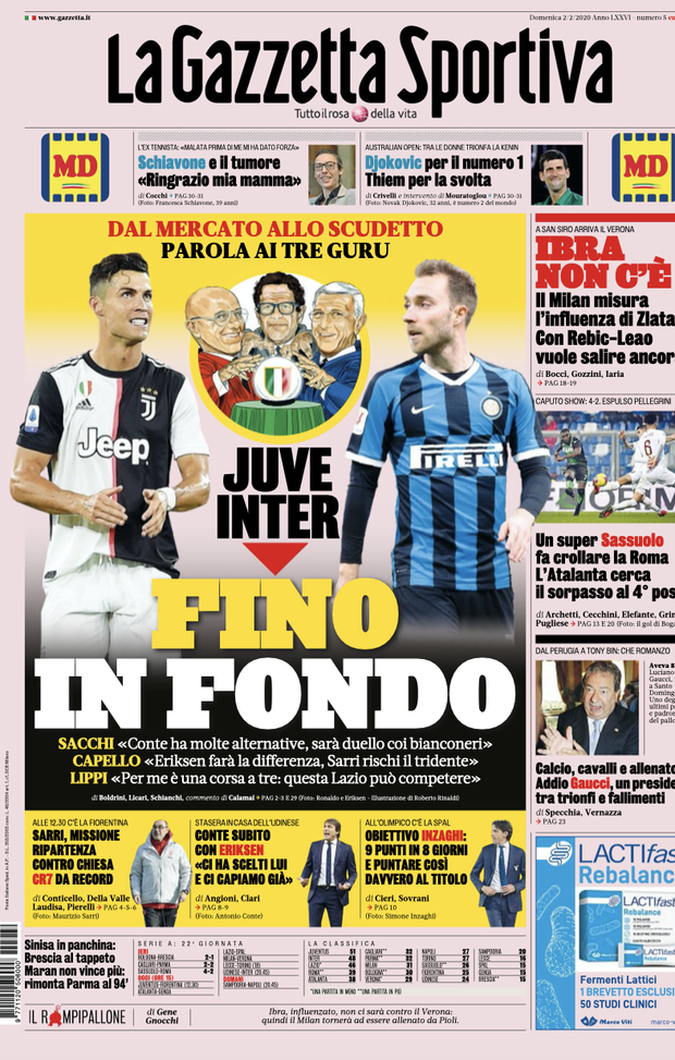 LE PRIME PAGINE DEI QUOTIDIANI SPORTIVI DEL 2.2