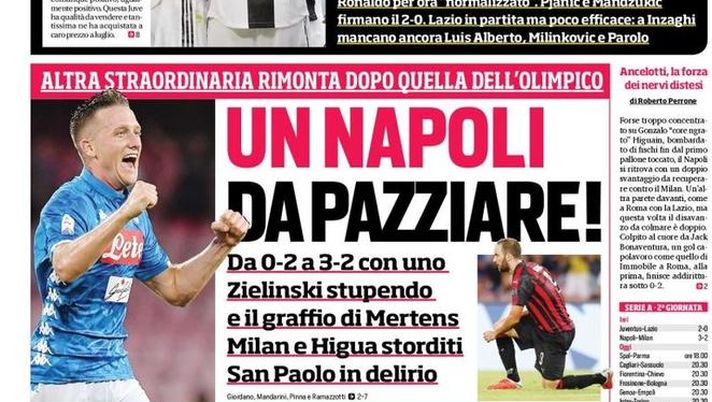 Prima Pagina, Corriere dello Sport: “Un Napoli da impazzire! Più Juve che CR7. Il Palermo non sfonda, rimonta Pescara…”  Prima Pagina, Corriere dello Sport: “Un Napoli da impazzire! Più Juve che CR7. Il Palermo non sfonda, rimonta Pescara…”