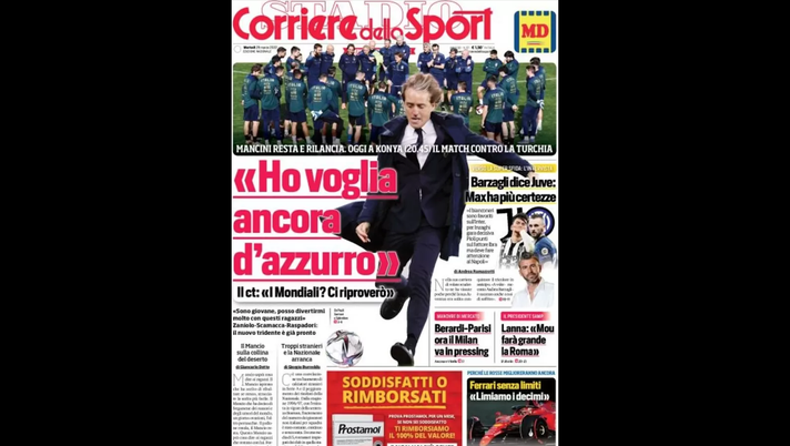 Prima Pagina, Corriere dello Sport: “Mancini resta e rilancia. Bonucci si scusa” Prima Pagina