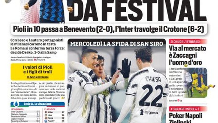 Prima Pagina, Corriere dello Sport: “È un Milan da festival, mercoledì sfida la Juve. L&#8217;Inter travolge il Crotone&#8221; 