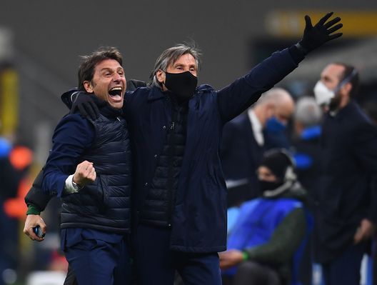 MILAN, ITALY - MARCH 08: Head coach of FC Internazionale Antonio Conte celebrates with Gabriele Oriali the win at the end of the Serie A match between FC Internazionale and Atalanta BC at Stadio Giuseppe Meazza on March 08, 2021 in Milan, Italy. (Photo by Claudio Villa - Inter/Inter via Getty Images) MILAN, ITALY - MARCH 08: Head coach of FC Internazionale Antonio Conte celebrates with Gabriele Oriali the win at the end of the Serie A match between FC Internazionale and Atalanta BC at Stadio Giuseppe Meazza on March 08, 2021 in Milan, Italy. (Photo by Claudio Villa - Inter/Inter via Getty Images)
