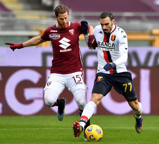 TURIN, ITALY - FEBRUARY 13: Cristian Ansaldi of Torino FC battles for possession with Davide Zappacosta of Genoa during the Serie A match between Torino FC and Genoa CFC at Stadio Olimpico di Torino on February 13, 2021 in Turin, Italy. Sporting stadiums around Italy remain under strict restrictions due to the Coronavirus Pandemic as Government social distancing laws prohibit fans inside venues resulting in games being played behind closed doors. (Photo by Valerio Pennicino/Getty Images) TURIN, ITALY - FEBRUARY 13: Cristian Ansaldi of Torino FC battles for possession with Davide Zappacosta of Genoa during the Serie A match between Torino FC and Genoa CFC at Stadio Olimpico di Torino on February 13, 2021 in Turin, Italy. Sporting stadiums around Italy remain under strict restrictions due to the Coronavirus Pandemic as Government social distancing laws prohibit fans inside venues resulting in games being played behind closed doors. (Photo by Valerio Pennicino/Getty Images)