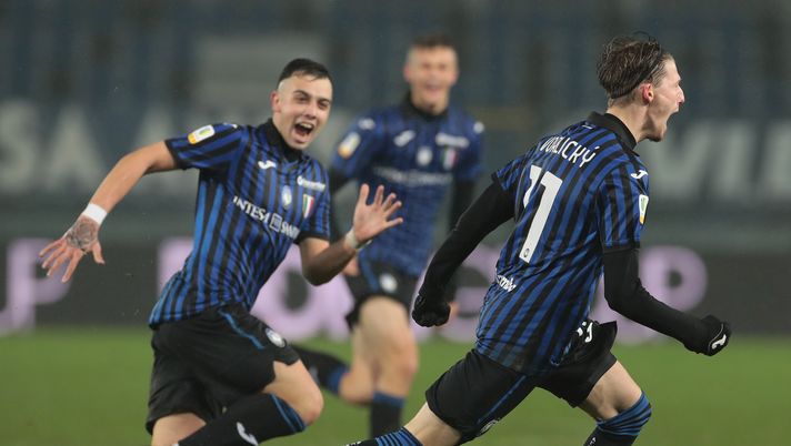 BERGAMO, ITALY - JANUARY 21: Lukas Vorlicky of Atalanta BC celebrates his goal during the Supercoppa Primavera Tim match between Atalanta BC U19 and ACF Fiorentina U19 at Gewiss Stadium on January 21, 2021 in Bergamo, Italy. (Photo by Emilio Andreoli/Getty Images for Lega Serie A) 