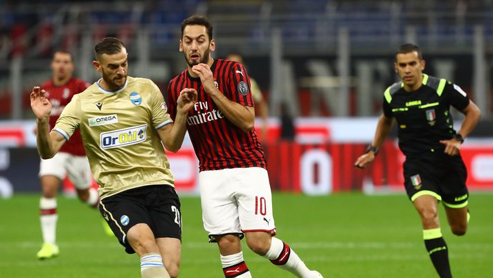 Hakan Calhanoglu e Gabriel Strefezza in Milan-Spal, Getty Images 