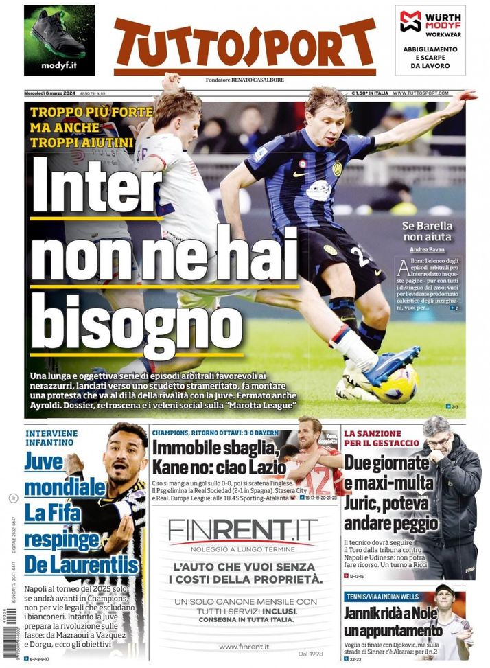EDICOLA – Incredibile Tuttosport: “Inter troppo più forte ma anche troppi aiutini” - immagine 1