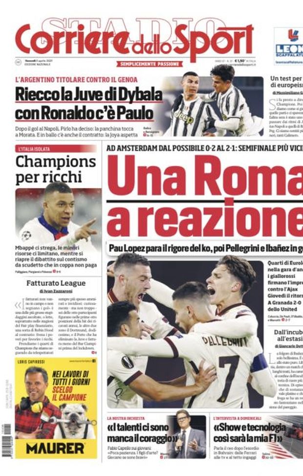 Prima Pagina, Corriere dello Sport: &#8220;Una Roma a reazione! Riecco la Juve di Dybala, con CR7 c&#8217;è Paulo&#8221; 
