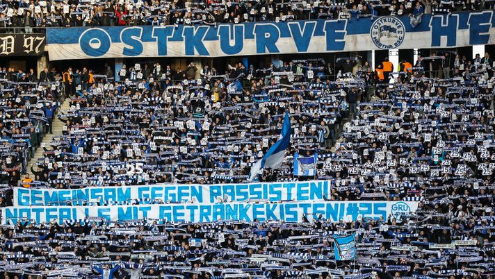 BERLIN, GERMANY - FEBRUARY 08: Fans of Hertha show anti racist banner during the Bundesliga match between Hertha BSC and 1. FSV Mainz 05 at Olympiastadion on February 08, 2020 in Berlin, Germany. (Photo by Maja Hitij/Bongarts/Getty Images) 