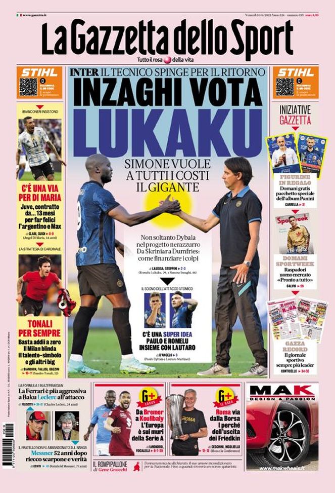 Prima Pagina, La Gazzetta dello Sport: “Inzaghi vota Lukaku. Non soltanto Dybala…”  Prima Pagina, La Gazzetta dello Sport: “Inzaghi vota Lukaku. Non soltanto Dybala…” - immagine 1