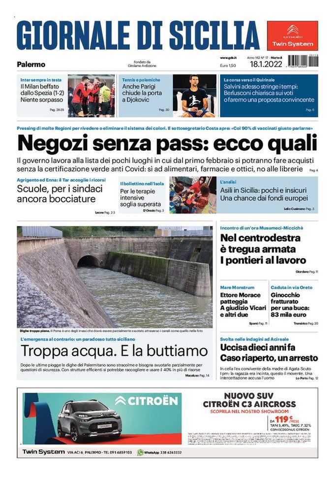 Prima Pagina, Giornale di Sicilia: “Negozi senza pass, ecco quali. Milan beffato” Prima Pagina