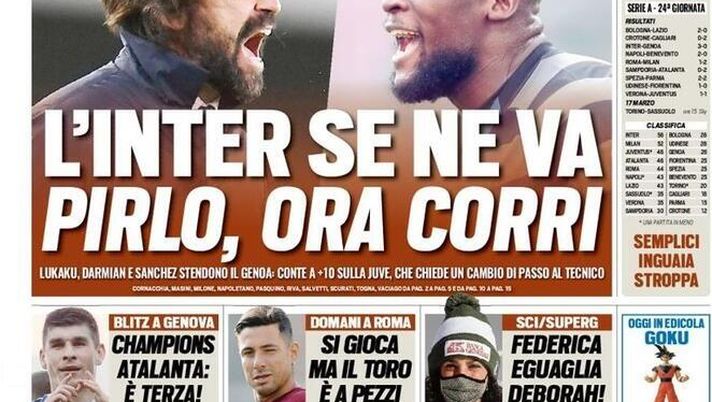 Prima Pagina, Tuttosport: &#8220;L&#8217;Inter se ne va. Pirlo, ora corri! Cantano Kessie e Rebic, il Milan non molla&#8221; 
