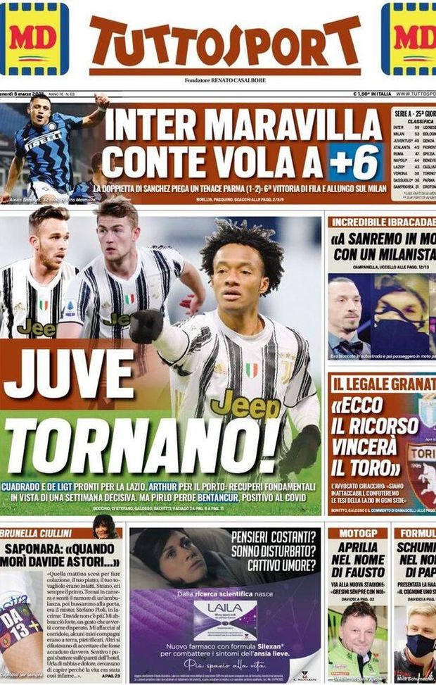  La prima pagina di 'Tuttosport', in edicola oggi 5 marzo 