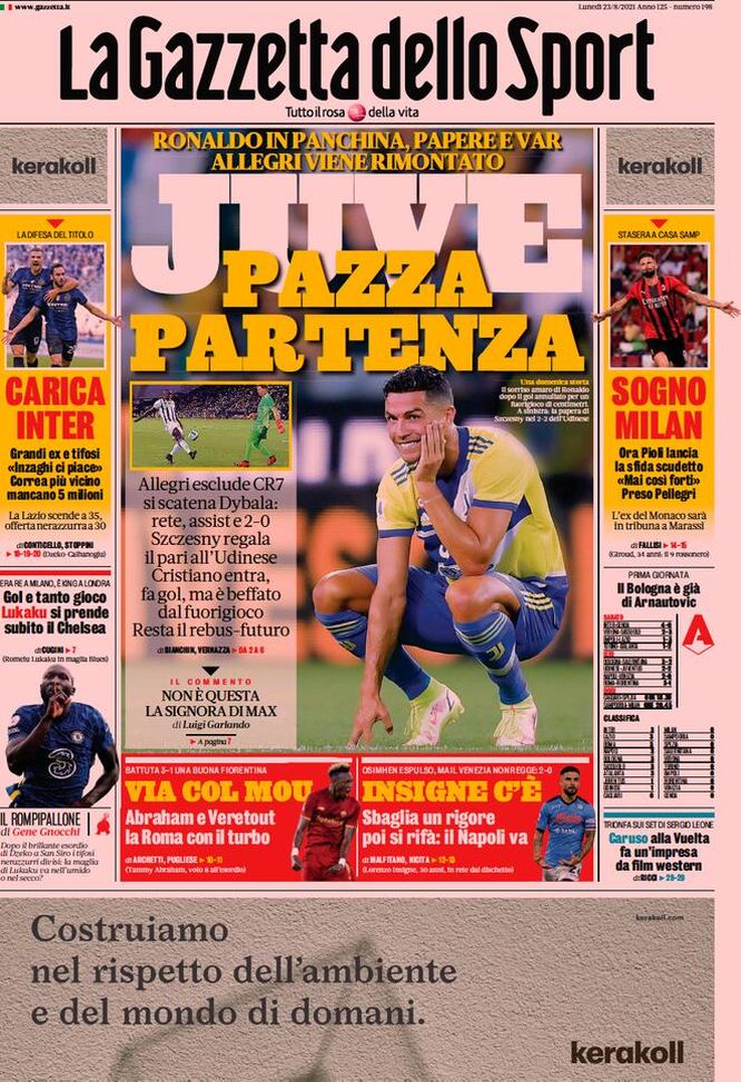 Prima Pagina, La Gazzetta dello Sport: ““Juve, pazza partenza” Prima Pagina, La Gazzetta dello Sport: ““Juve, pazza partenza”