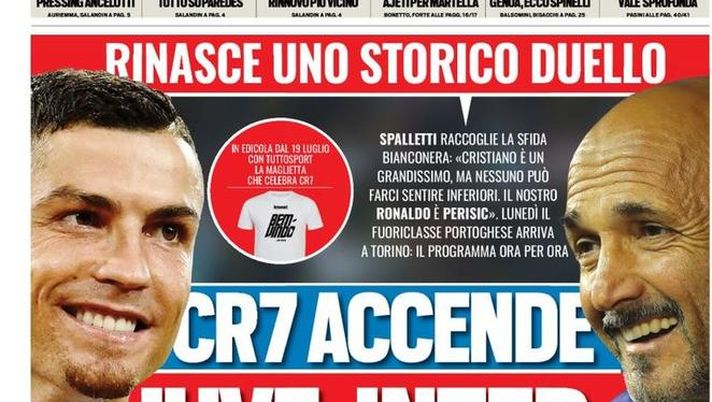 Prima Pagina, Tuttosport: “CR7 accende Juve-Inter. Benzema al Napoli. Inter, serve il regista: tutto su Paredes…” Prima Pagina, Tuttosport: “CR7 accende Juve-Inter. Benzema al Napoli. Inter, serve il regista: tutto su Paredes…”