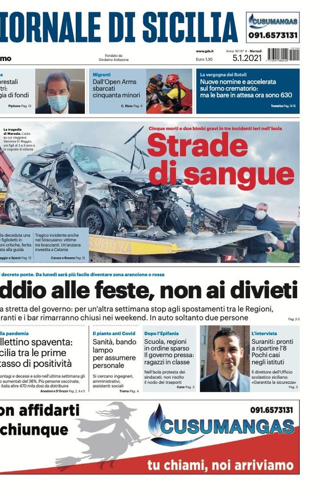 Prima Pagina, Giornale di Sicilia: “Addio alle feste, non ai divieti. Strade di sangue”  Prima Pagina, Giornale di Sicilia: “Addio alle feste, non ai divieti. Strade di sangue”