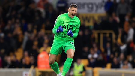 WOLVERHAMPTON, ENGLAND - SEPTEMBER 22: Pierluigi Gollini of Tottenham Hotspur celebrates in the penalty shoot out during the Carabao Cup Third Round match between Wolverhampton Wanderers and Tottenham Hotspur at Molineux on September 22, 2021 in Wolverhampton, England. (Photo by David Rogers/Getty Images)