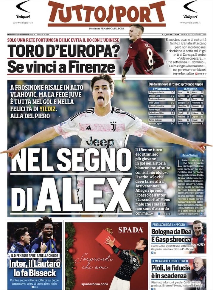 Tuttosport, la prima pagina di oggi, domenica 24 dicembre 2023 Tuttosport