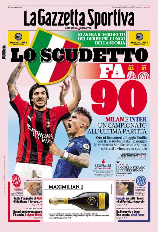 Prima Pagina, La Gazzetta dello Sport: “Lo scudetto fa 90. Milan e Inter…”  Prima Pagina