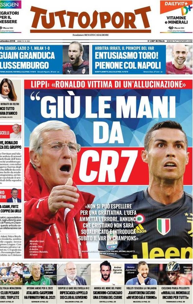 Prima Pagina, Tuttosport: “Giù le mani da CR7. Higuain Granduca di Lussemburgo. Ripescaggi: appello dei club al governo…” Prima Pagina, Tuttosport: “Giù le mani da CR7. Higuain Granduca di Lussemburgo. Ripescaggi: appello dei club al governo…”