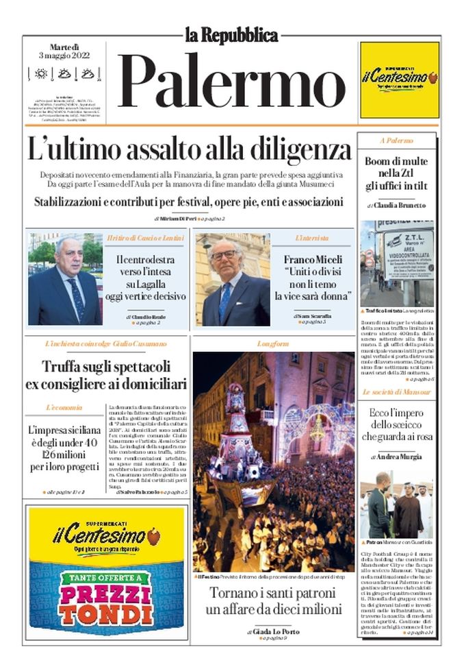 Prima Pagina, La Repubblica-Palermo: “Ecco l’impero dello sceicco che guarda ai rosa”  Prima Pagina