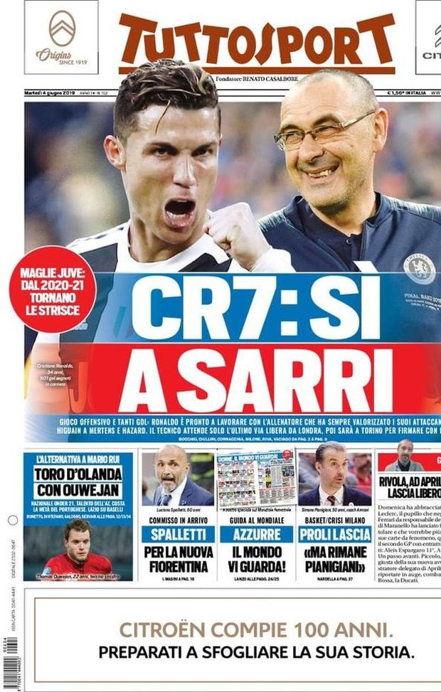 Prima Pagina, Tuttosport: “CR7: sì a Sarri. Spalletti per la Fiorentina. Azzurre, il mondo vi guarda!” Prima Pagina, Tuttosport: “CR7: sì a Sarri. Spalletti per la Fiorentina. Azzurre, il mondo vi guarda!”