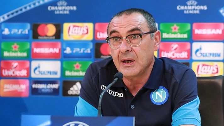 Napoli's coach from Italy Maurizio Sarri attends a press conference on the eve of the Champion's League football match Napoli vs Feyenoord on September 25, 2017 in Naples.  / AFP PHOTO / Carlo Hermann        (Photo credit should read CARLO HERMANN/AFP/Getty Images) 