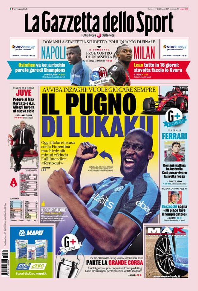 Prima pagina Gazzetta dello Sport 01/04/2023