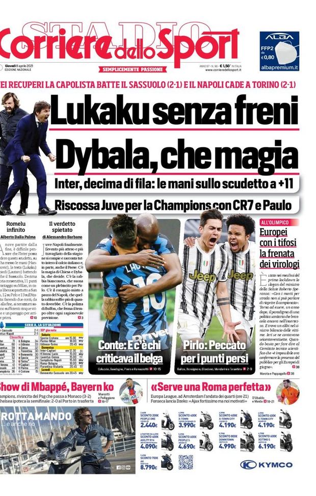 Prima Pagina, Corriere dello Sport: “Inter, le mani sullo scudetto. Lukaku senza freni. Dybala, che magia” 
