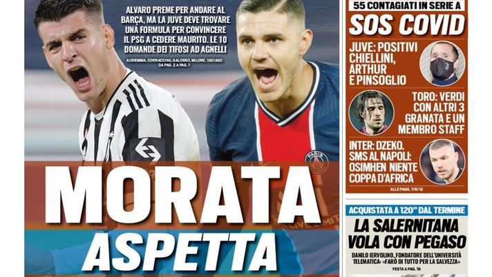 Prima Pagina, Tuttosport: “Morata aspetta Icardi. Sos Covid, 55 contagiati in Serie A” - immagine 1