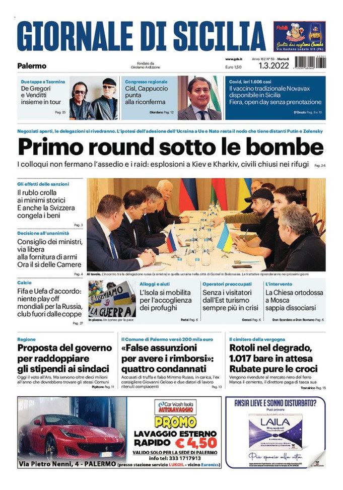 Prima Pagina, Giornale di Sicilia: “Primo round sotto le bombe. L’Isola si mobilita” Prima Pagina