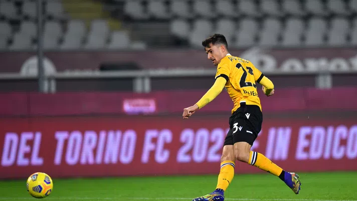TURIN, ITALY - DECEMBER 12: Ignacio Pussetto of Udinese Calcio  scores their team's first goal  during the Serie A match between Torino FC and Udinese Calcio at Stadio Olimpico di Torino on December 12, 2020 in Turin, Italy. Sporting stadiums around Italy remain under strict restrictions due to the Coronavirus Pandemic as Government social distancing laws prohibit fans inside venues resulting in games being played behind closed doors. (Photo by Valerio Pennicino/Getty Images)