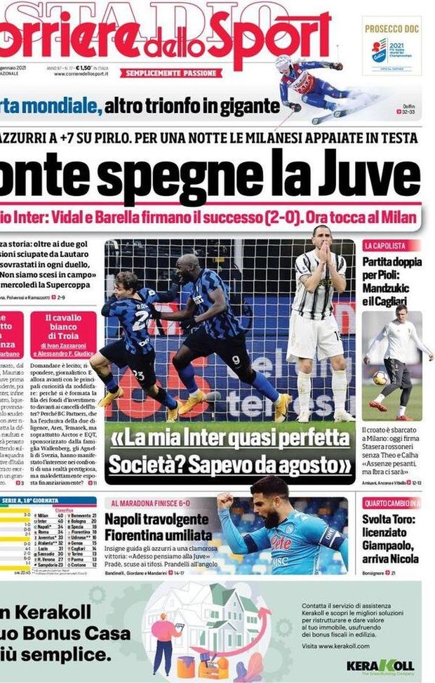 Prima Pagina, Corriere dello Sport: “Conte spegne la Juve, dominio Inter firmato Vidal-Barella” Prima Pagina, Corriere dello Sport: “Conte spegne la Juve, dominio Inter firmato Vidal-Barella”