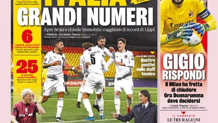 Prima Pagina, La Gazzetta dello Sport: “Italia, grandi numeri. Gigio rispondi. Inter, sorridi per il gran finale” 