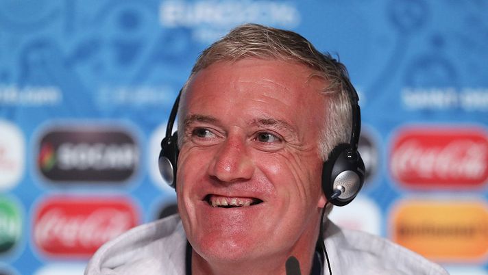 SAINT-DENIS, FRANCE - JUNE 09:  In this handout image provided by UEFA, Didier Deschamps, coach of France talks during a press conference on June 9, 2016 in Saint-Denis, France.  (Photo by Alex Grimm - UEFA/UEFA via Getty Images) 