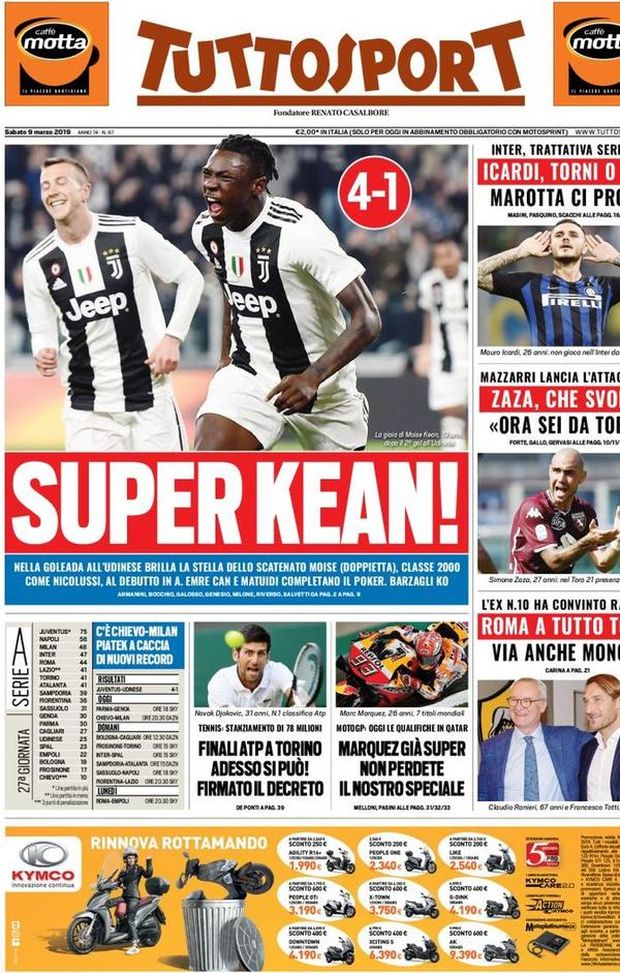 Prima Pagina, Tuttosport: “Super Kean! Icardi, torni o no? Roma a tutto Totti. Chievo-Milan, Piatek…” Prima Pagina, Tuttosport: “Super Kean! Icardi, torni o no? Roma a tutto Totti. Chievo-Milan, Piatek…”