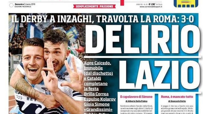 Prima Pagina, Corriere dello Sport: “Delirio Lazio. Ringhio non si ferma più. Napoli-Juve galà Real…” Prima Pagina, Corriere dello Sport: “Delirio Lazio. Ringhio non si ferma più. Napoli-Juve galà Real…”
