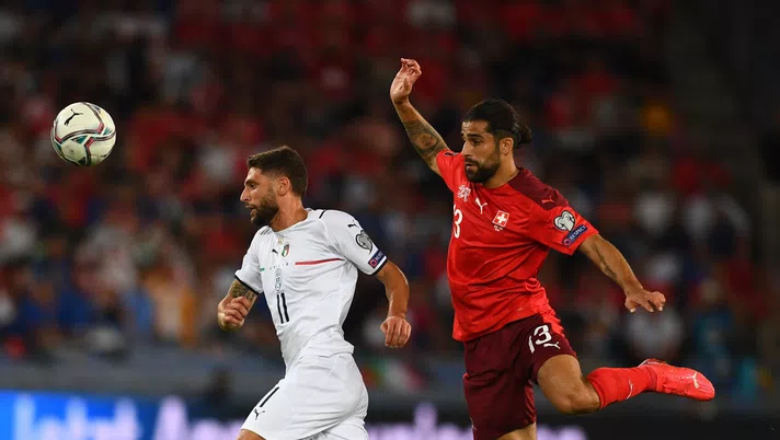 BASEL, SWITZERLAND - SEPTEMBER 05:  Domenico Berardi of Italy competes for the ball with Ricardo Rodriguez of Switzerland during the 2022 FIFA World Cup Qualifier match between Switzerland and Italy at St Jacob Park on September 05, 2021 in Basel, Basel-Stadt. (Photo by Claudio Villa/Getty Images)