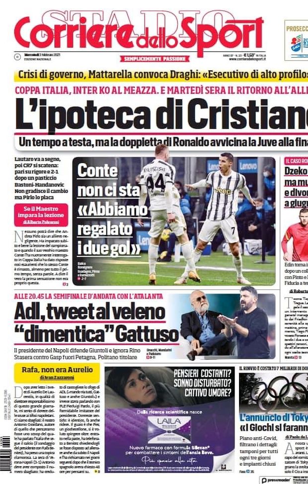 Prima Pagina, Corriere dello Sport: “Coppa Italia, Inter ko: ipoteca CR7. Napoli, Adl tweet al veleno” Prima Pagina, Corriere dello Sport: “Coppa Italia, Inter ko: ipoteca CR7. Napoli, Adl tweet al veleno”
