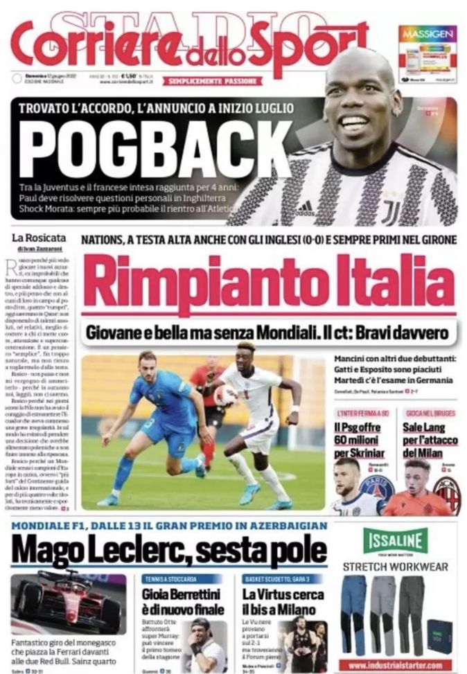 Prima Pagina, Corriere dello Sport: “Rimpianto Italia. Pogback” - immagine 1