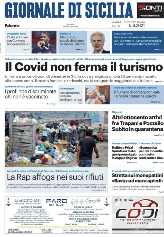 Prima Pagina, Giornale di Sicilia: &#8220;Il Covid non ferma il turismo&#8221; 