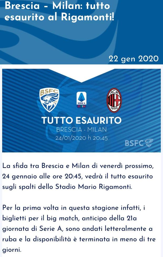 Caso-biglietti a Brescia per la partita contro il Milan Caso-biglietti a Brescia per la partita contro il Milan