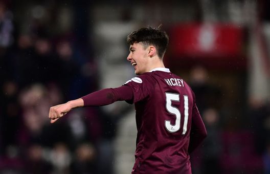  EDINBURGH, SCOTLAND - FEBRUARY 29: Aaron Hickey of Hearts celebrate at the final whistle during the Scottish Cup Quarter Final match between Hearts and Rangers at Tynecastle Park on February 29, 2020 in Edinburgh, Scotland. (Photo by Mark Runnacles/Getty Images) 