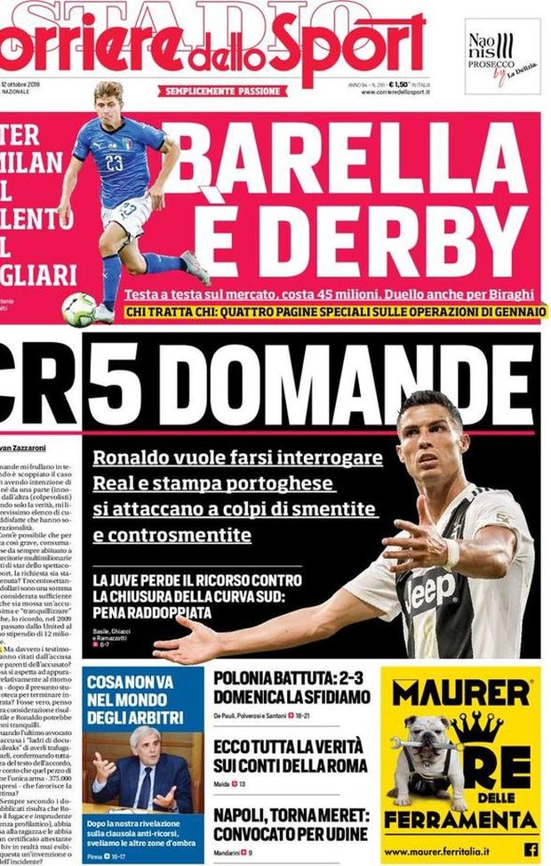 Prima Pagina, Corriere dello Sport: “CR5 domande. Barella, è derby. Napoli, torna Meret…” Prima Pagina, Corriere dello Sport: “CR5 domande. Barella, è derby. Napoli, torna Meret…”