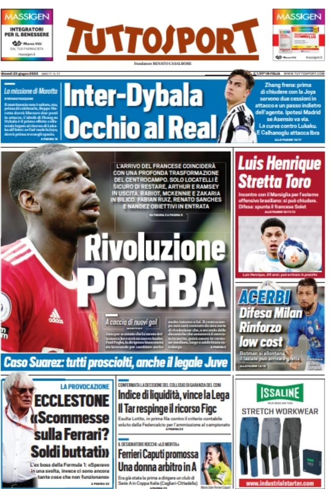 Prima pagina Tuttosport 23/06/2022
